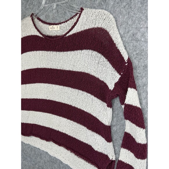 Hollister Cropped Sweater M Red White Stripe Roll Neck Loose Knit Distressed Y2K - Picture 3 of 12